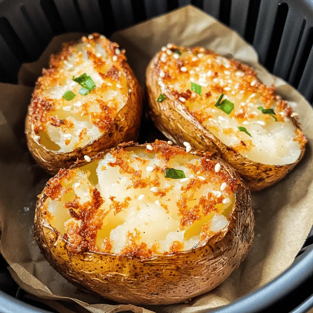 Get crunchy and fluffy results with this Crispy Air Fryer Baked Potato recipe! Perfectly cooked potatoes with a golden, crispy skin and a soft, buttery inside are just a few minutes away. Ideal for a quick weeknight dinner or a fun barbecue side. Save this pin to impress your family and friends with a delicious potato dish!