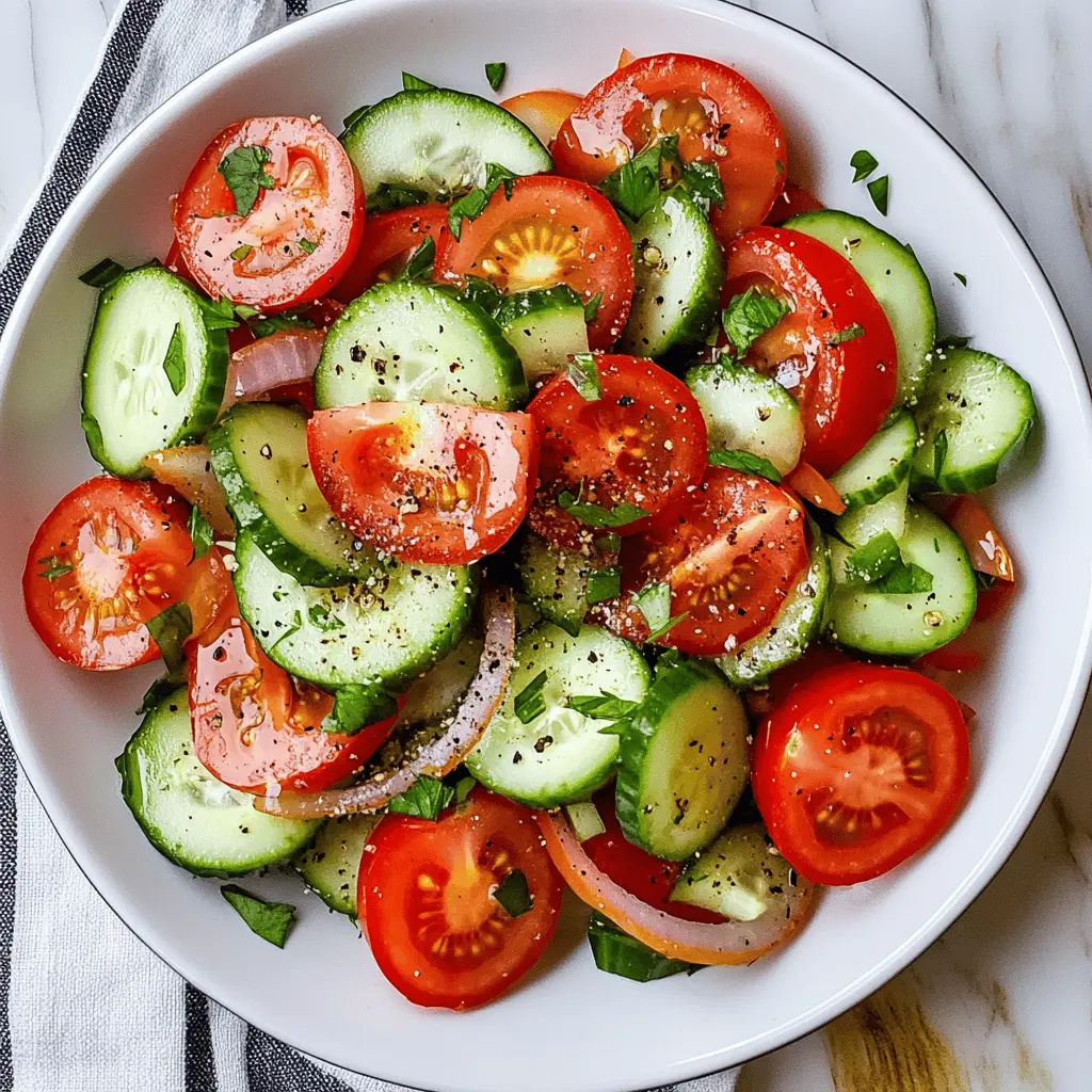 Looking for a refreshing and light side dish? This Easy Tomato Cucumber Salad is packed with vibrant flavors and crisp textures! Made with juicy tomatoes, crunchy cucumbers, and a zesty dressing, it's perfect for summer barbecues or as a quick lunch. Save this recipe for a delightful addition to your next meal!