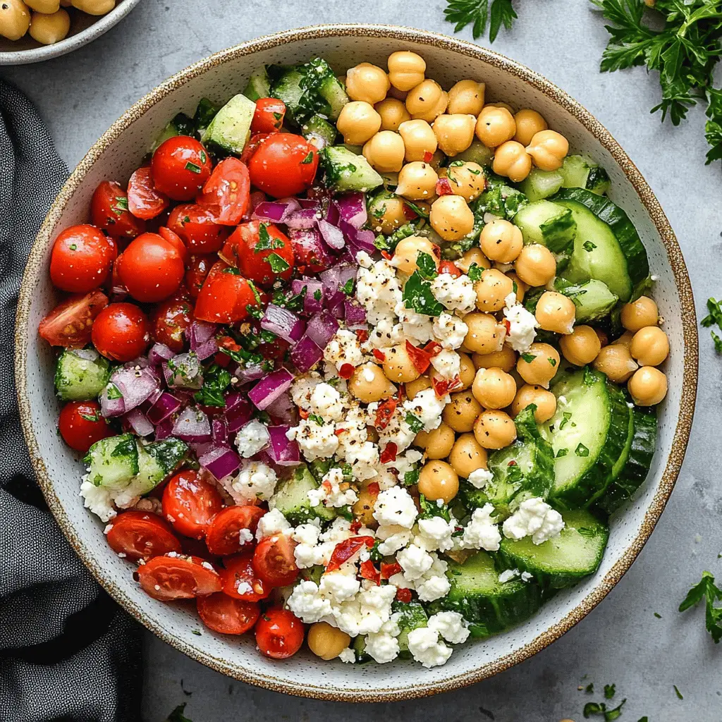 Brighten up your lunch with this refreshing Mediterranean Chickpea Salad! Packed with protein-rich chickpeas, crisp veggies, and a zesty dressing, this salad is perfect for meal prep or as a side at gatherings. Easy to make and bursting with flavor, it’s your go-to healthy option. Save this recipe to enjoy it anytime you're in the mood for something fresh and delicious!