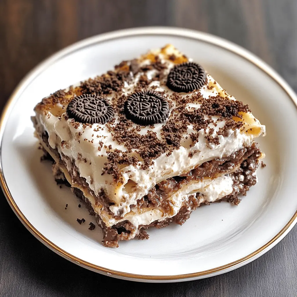 Layers of creamy filling, rich chocolate, and crunchy Oreo cookies make this Oreo Lasagna a crowd-pleaser! Perfect for parties or a sweet treat at home, this easy no-bake dessert will satisfy your cravings in every bite. Save this recipe for your next gathering and impress everyone with your delicious creation!