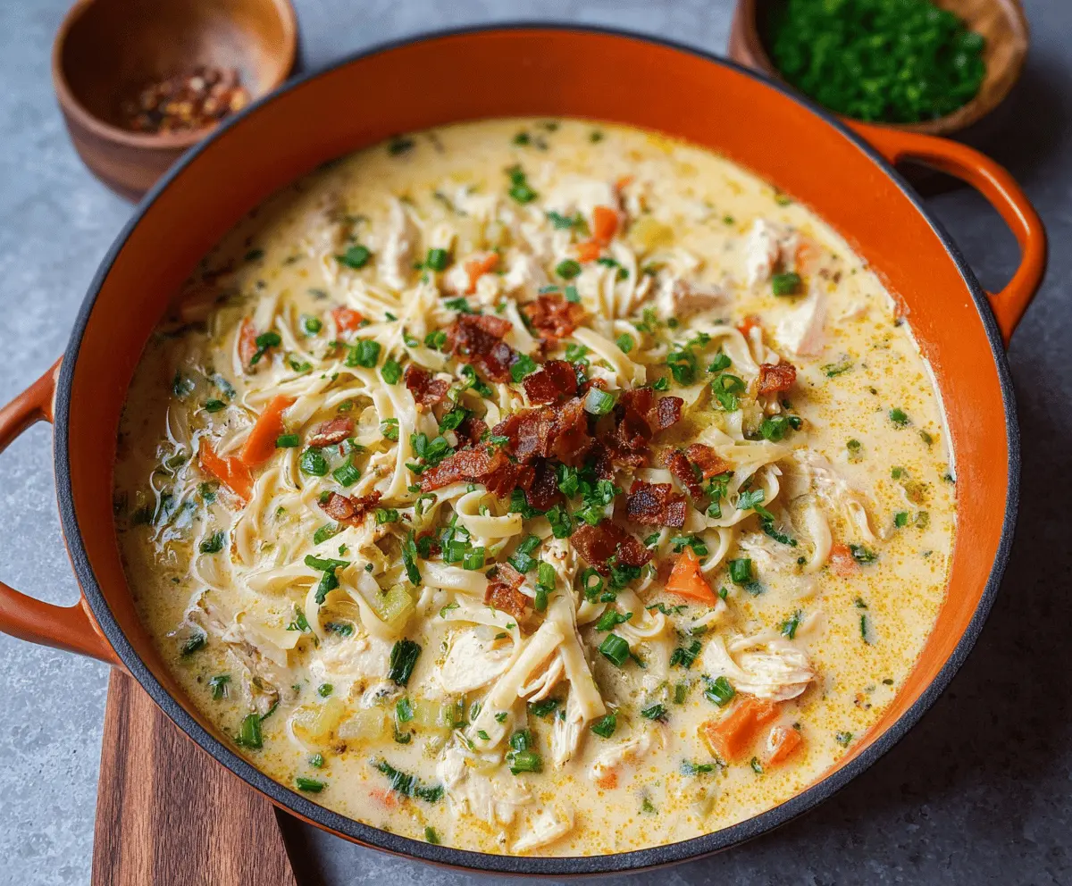 A warm bowl of Crack Chicken Noodle Soup featuring tender chicken, savory broth, egg noodles, and fresh herbs, perfect for comforting meals.