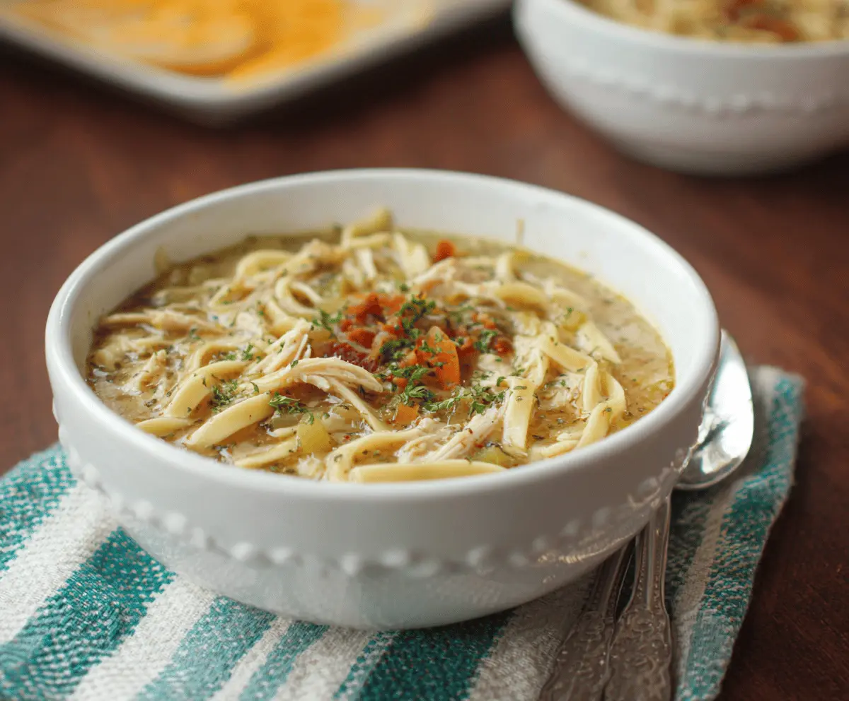 A steaming bowl of dairy-free chicken noodle soup with shredded chicken, vegetables, and noodles in a clear broth, served in a white bowl.