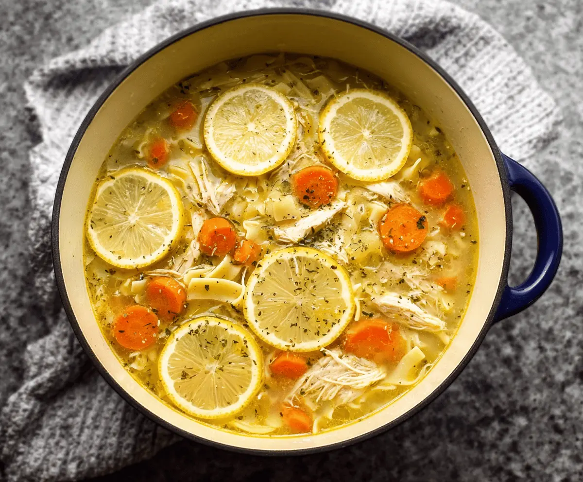 A bowl of Lemon Pepper Chicken Noodle Soup with sliced chicken, noodles, fresh lemon slices, herbs, and vegetables ready to serve.