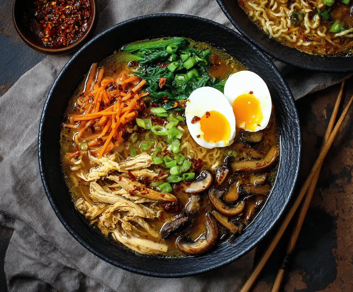 Delicious homemade ramen chicken noodle soup with tender chicken, rich broth, and colorful vegetables in a bowl