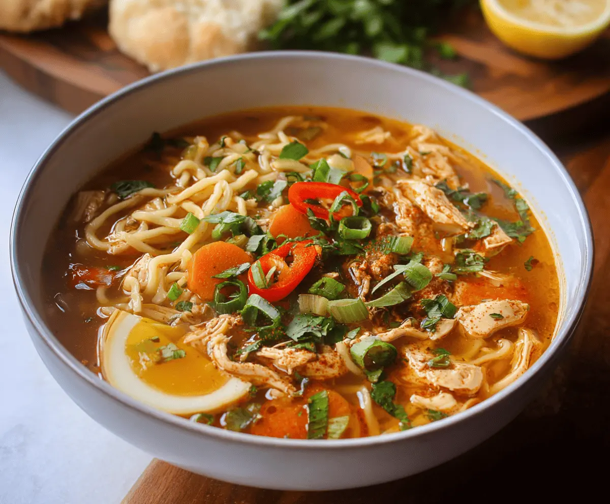 A steaming bowl of spicy chicken noodle soup garnished with fresh herbs and vegetables, perfect for a comforting and flavorful meal.