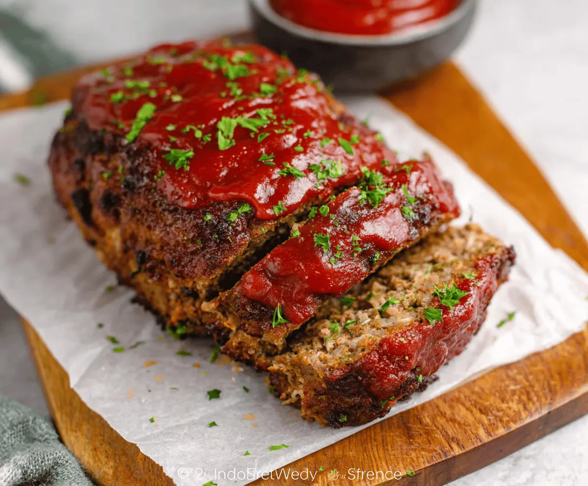 Delicious homemade Air Fryer Meatloaf garnished with fresh herbs on a white plate ready to serve