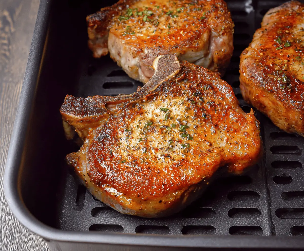 Juicy air fryer pork chops served with fresh herbs on a plate
