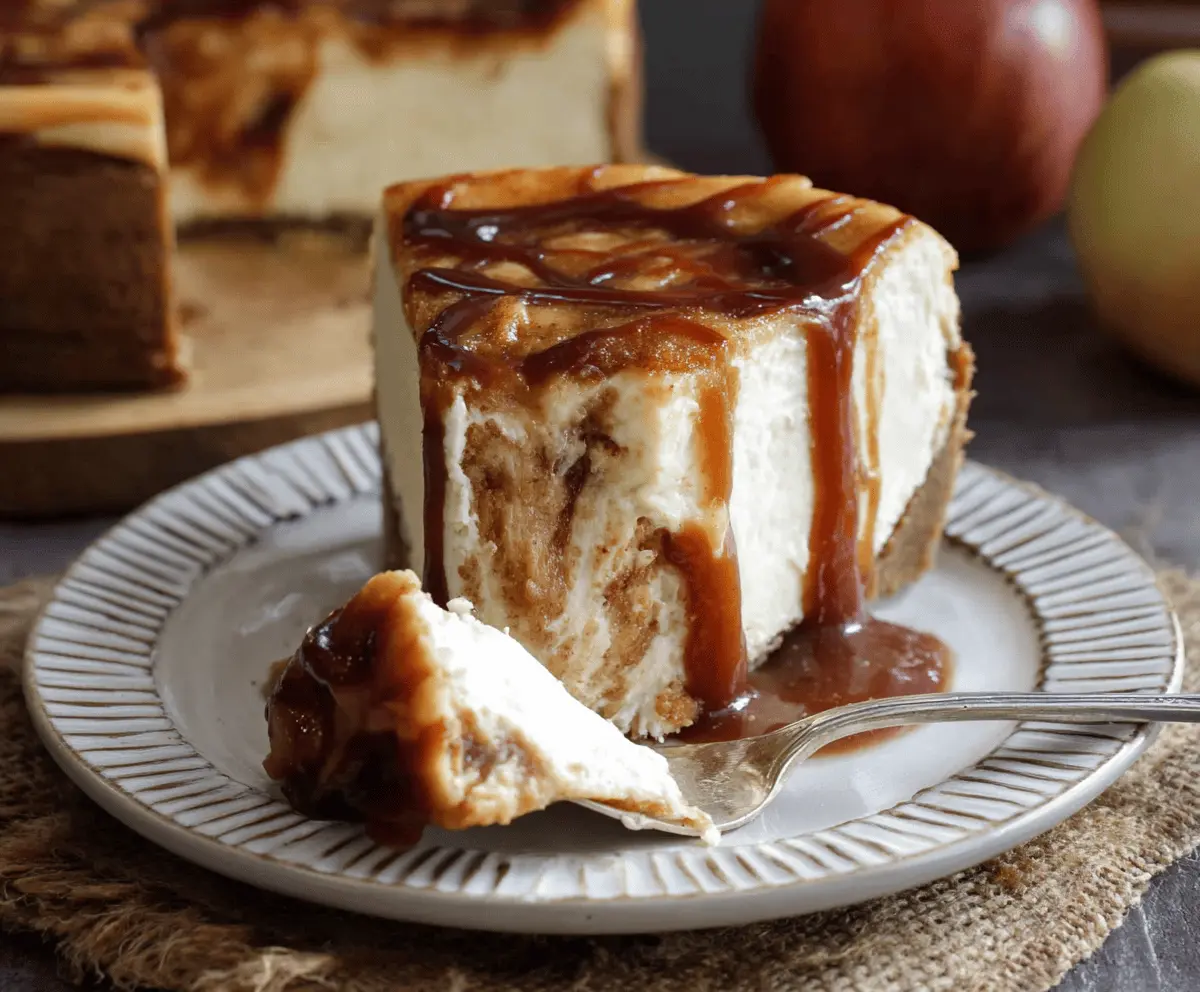 Creamy Apple Butter Cheesecake topped with caramelized apple slices and a graham cracker crust, perfect for fall desserts.