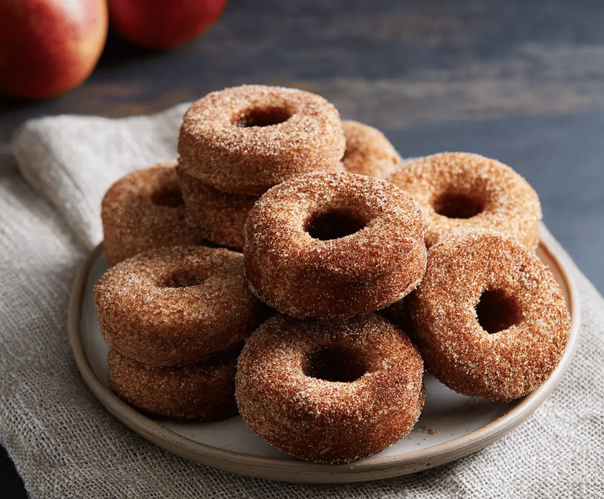 Delicious homemade apple cider donuts with a cinnamon sugar coating on a rustic plate, perfect for fall celebrations
