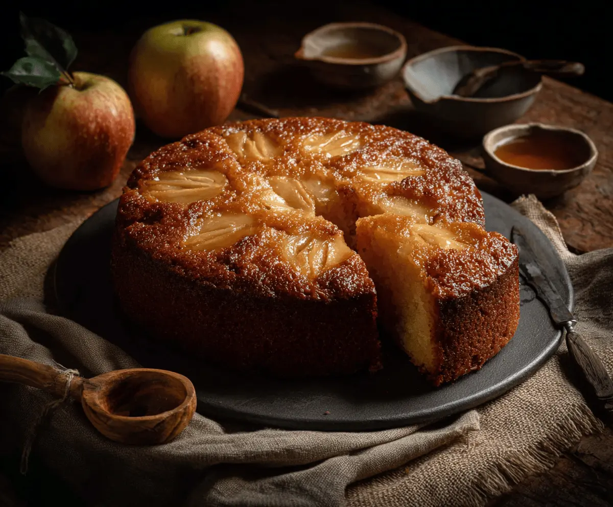 Delicious homemade apple honey cake topped with fresh apple slices and a drizzle of honey, perfect for dessert or tea time.