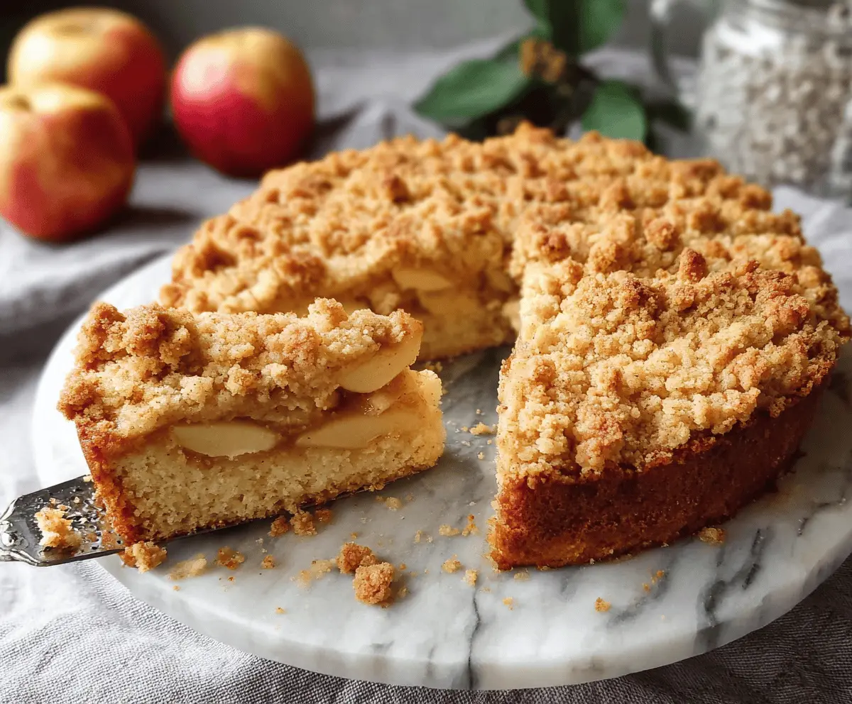 Delicious homemade apple streusel cake topped with golden brown crumble and fresh apple slices, perfect for fall desserts.