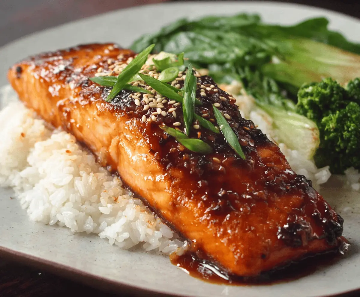 Delicious Asian glazed salmon fillet garnished with sesame seeds and scallions, served with steamed vegetables on a white plate