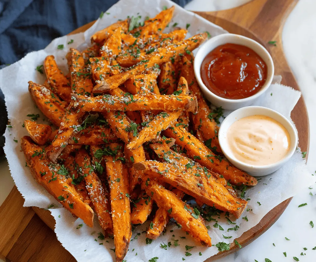 Golden baked sweet potato fries on a rustic wooden surface, crispy and healthy snack option
