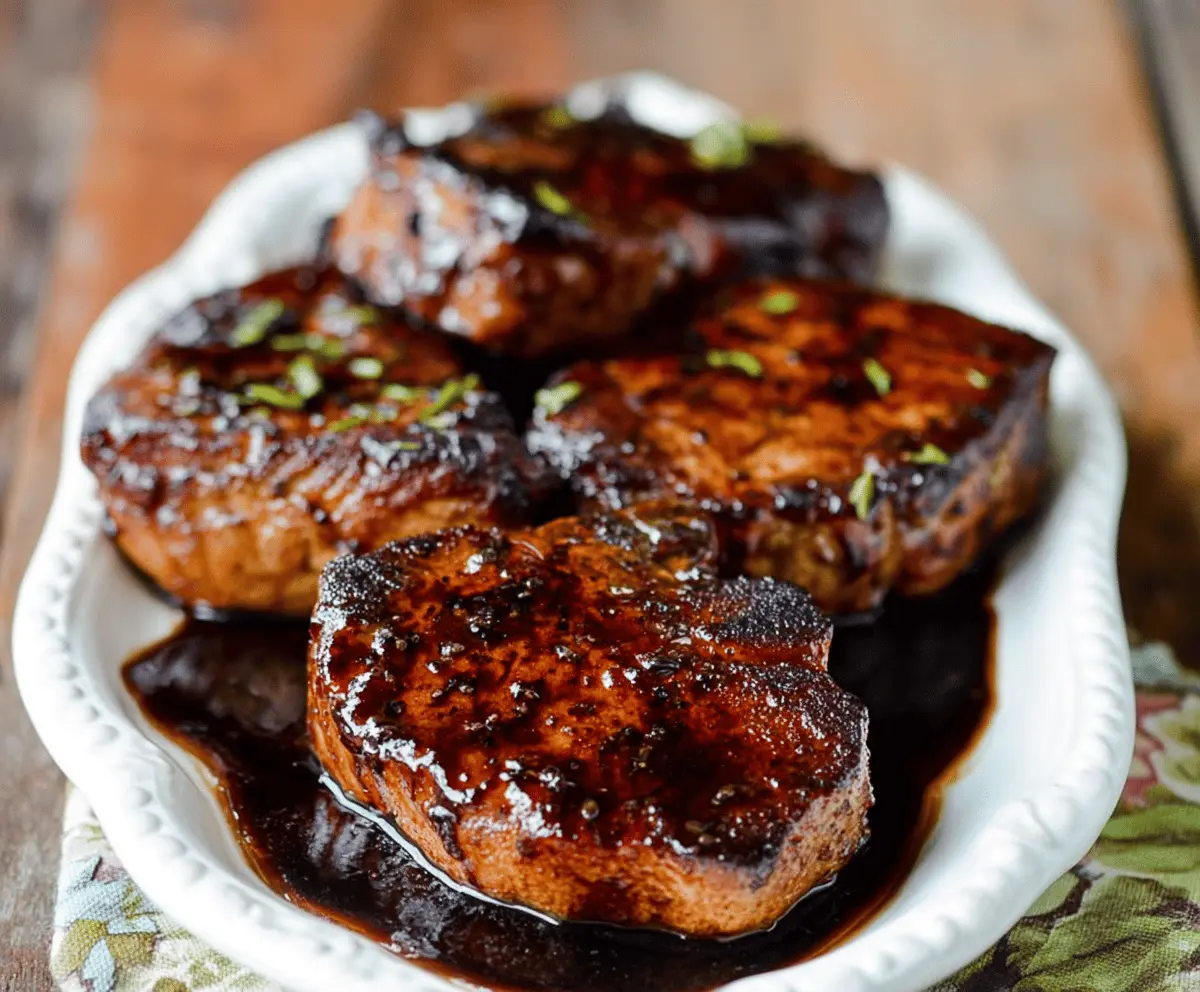 Juicy pork chops glazed with rich balsamic reduction served with fresh herbs and vegetables on a white plate