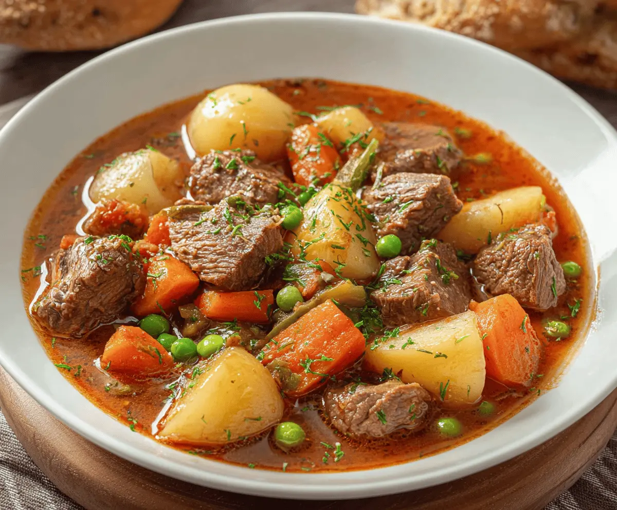 Hearty beef stew with tender beef chunks, carrots, potatoes, and green beans in a flavorful broth on a rustic wooden table.
