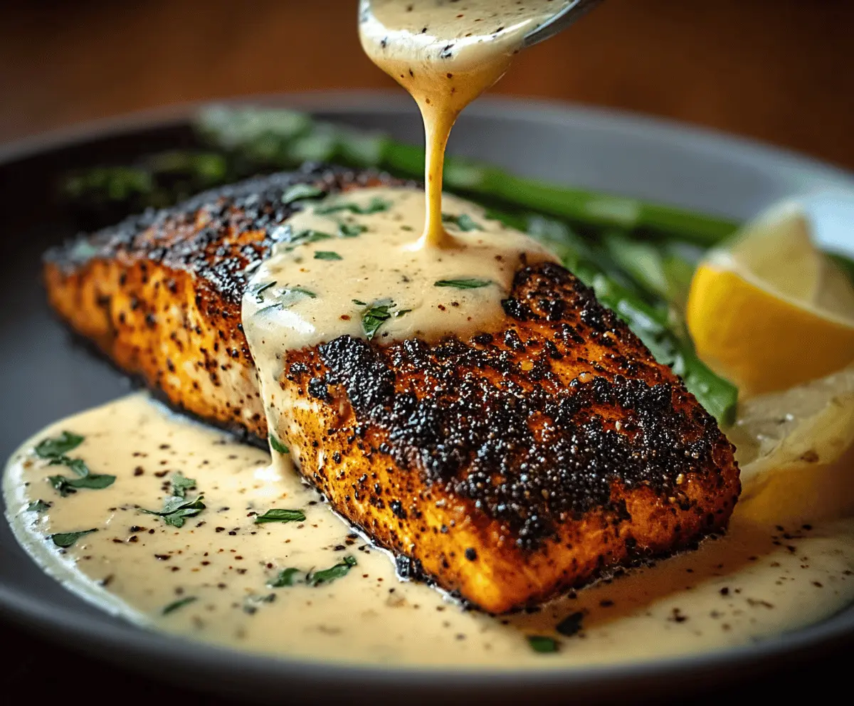 Blackened salmon fillet topped with a rich, creamy Dijon sauce served on a white plate.