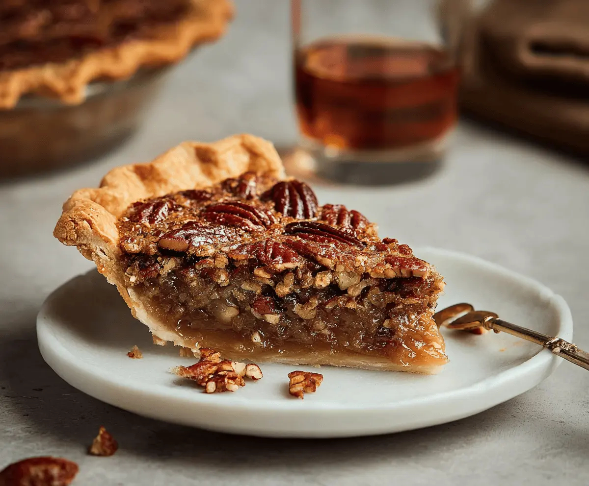 Delicious homemade bourbon pecan pie garnished with whipped cream and caramel drizzle