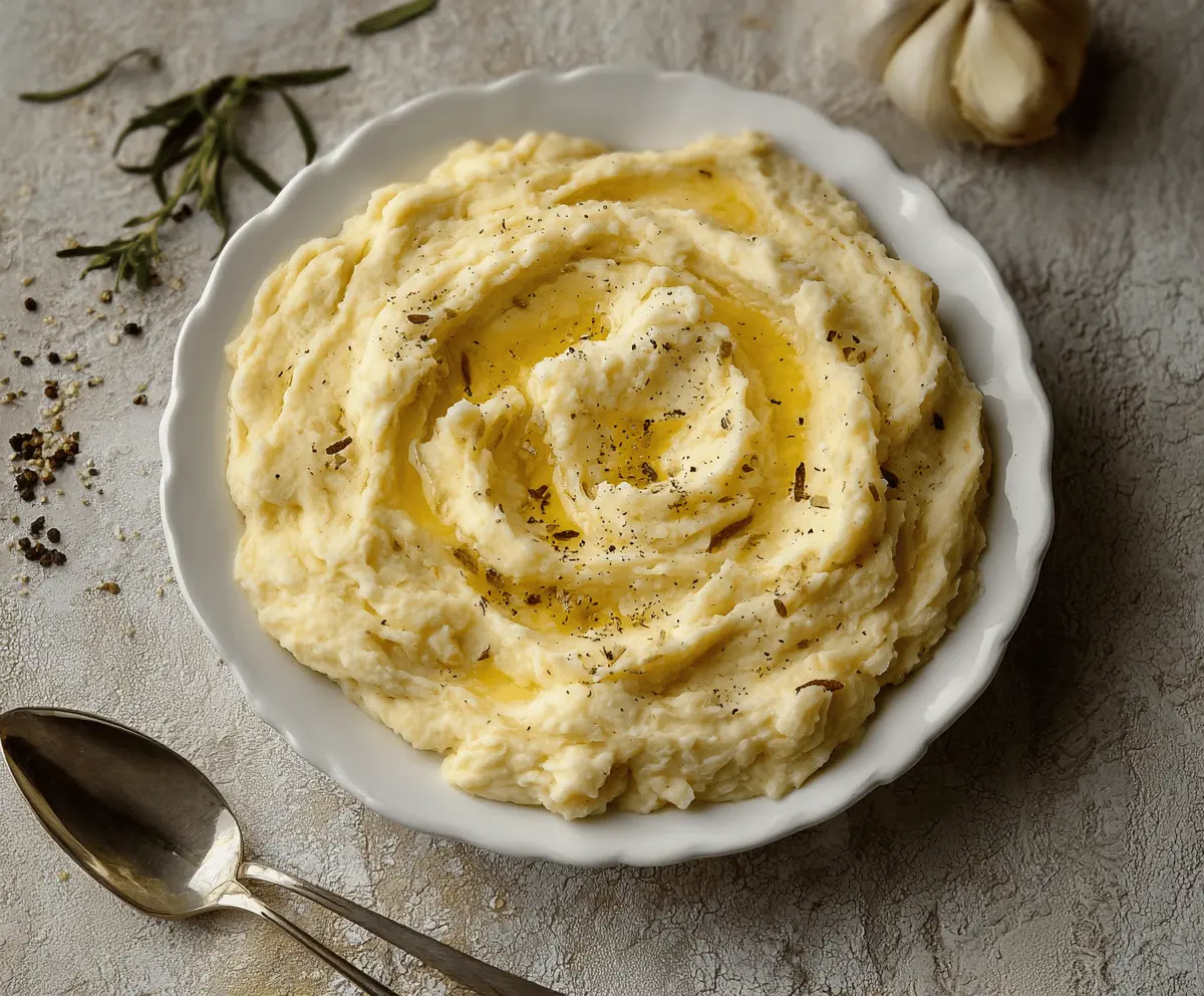 Creamy brown butter garlic mashed potatoes garnished with fresh herbs, served in a rustic bowl for a flavorful side dish