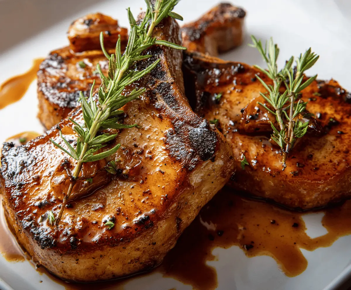 Juicy brown sugar glazed pork chops served with roasted vegetables on a white plate
