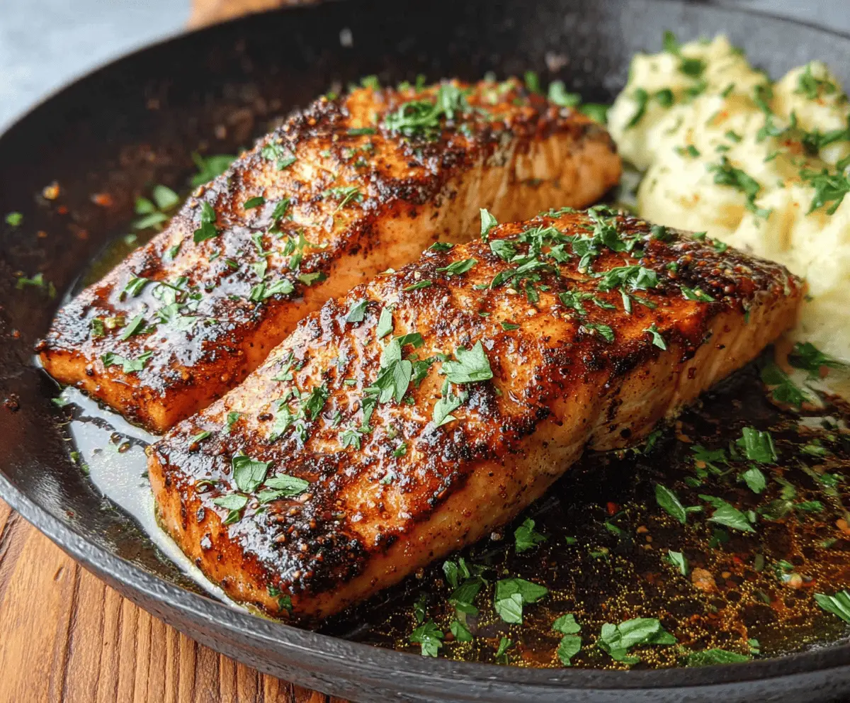 Delicious Cajun Honey Butter Salmon fillet garnished with fresh herbs on a plate, showcasing a spicy, sweet, and savory seafood dish