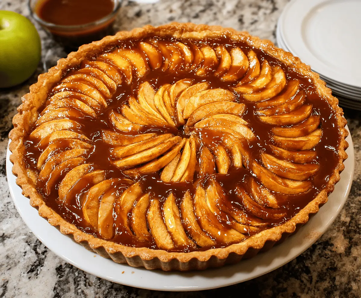 Delicious caramel apple tart topped with fresh sliced apples and a golden caramel glaze on a rustic wooden table