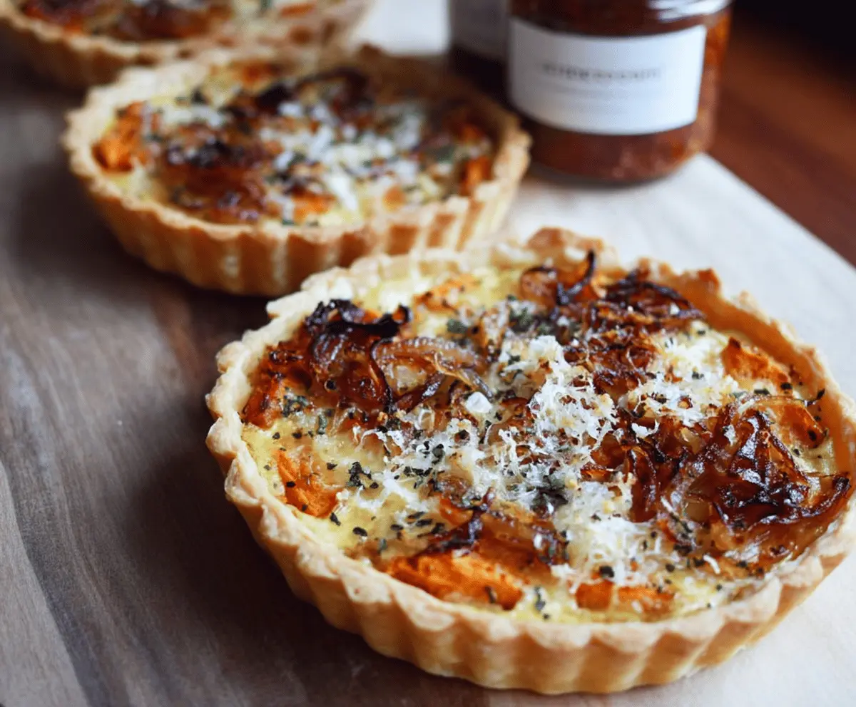 Delicious caramelized onion and sweet potato tart garnished with fresh herbs on a rustic plate, ready to serve