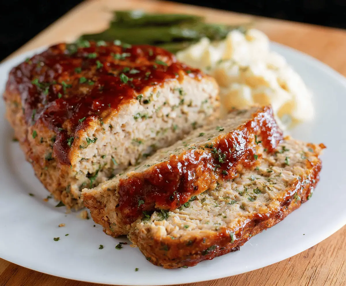Juicy homemade chicken meatloaf garnished with fresh herbs on a rustic serving plate, perfect for a hearty dinner