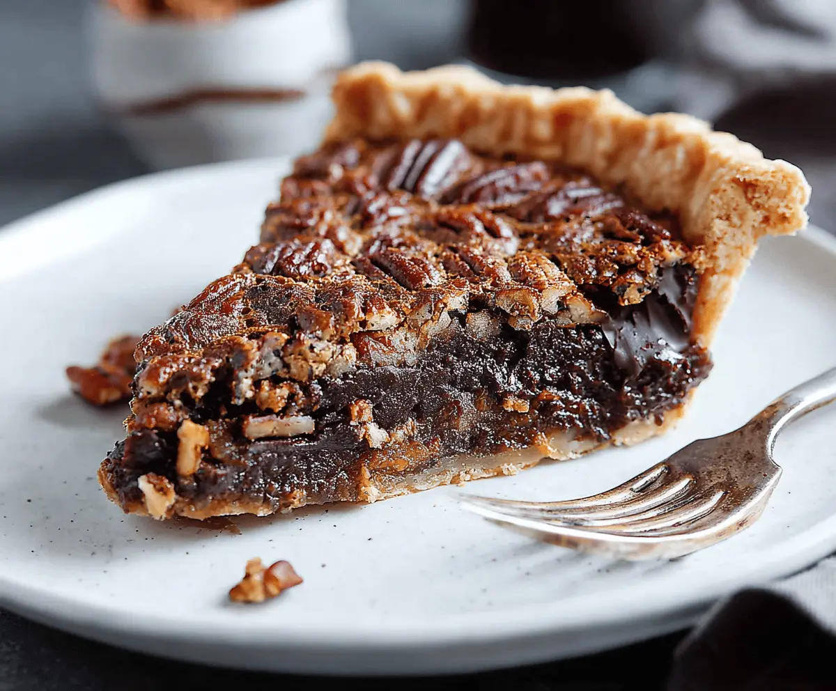 Delicious homemade chocolate pecan pie topped with glossy chocolate glaze and crunchy pecans, ready to serve