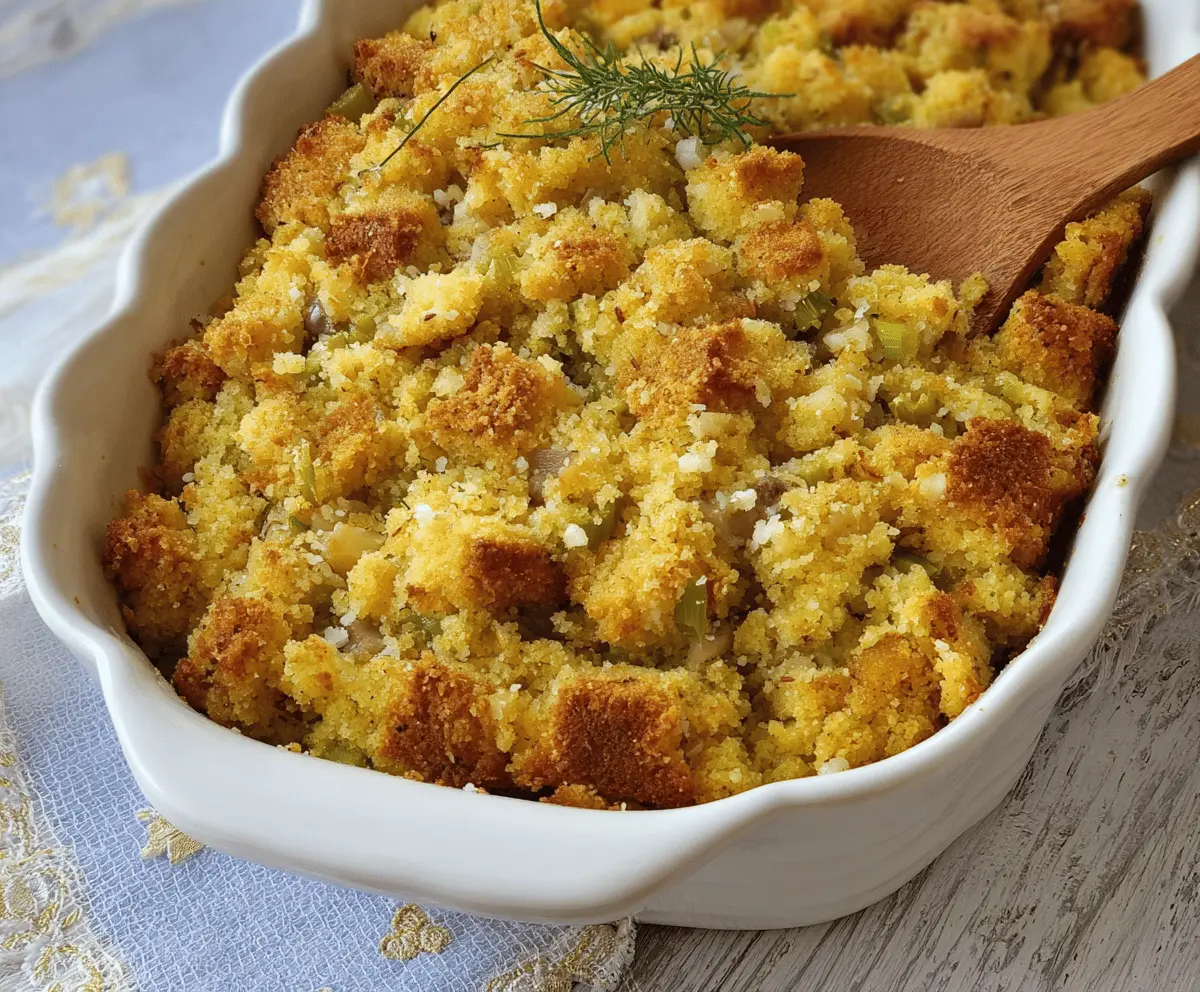 Golden-brown cornbread dressing with herbs and vegetables, served on a rustic plate.