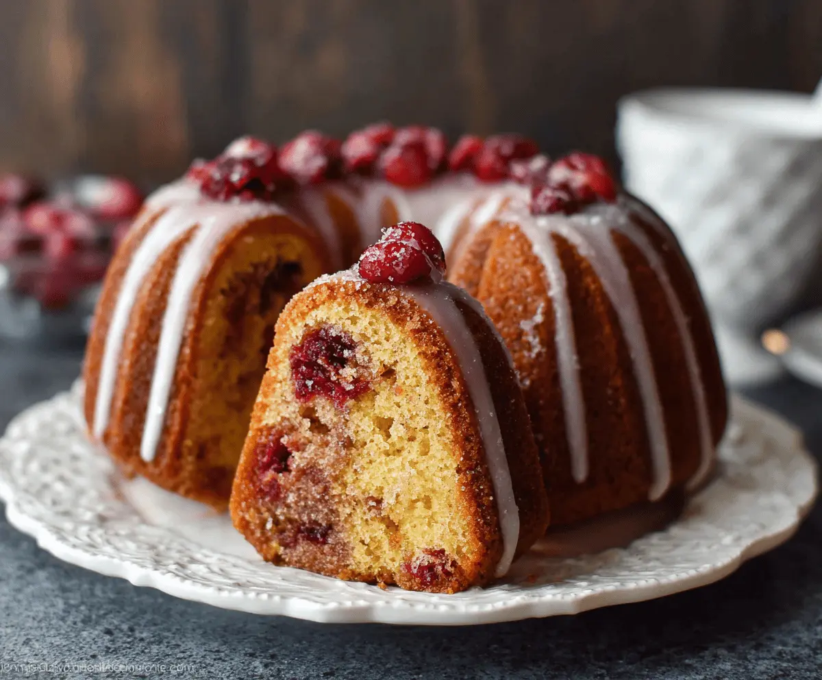 Delicious homemade cranberry Bundt cake with fresh cranberries and powdered sugar topping on a rustic plate