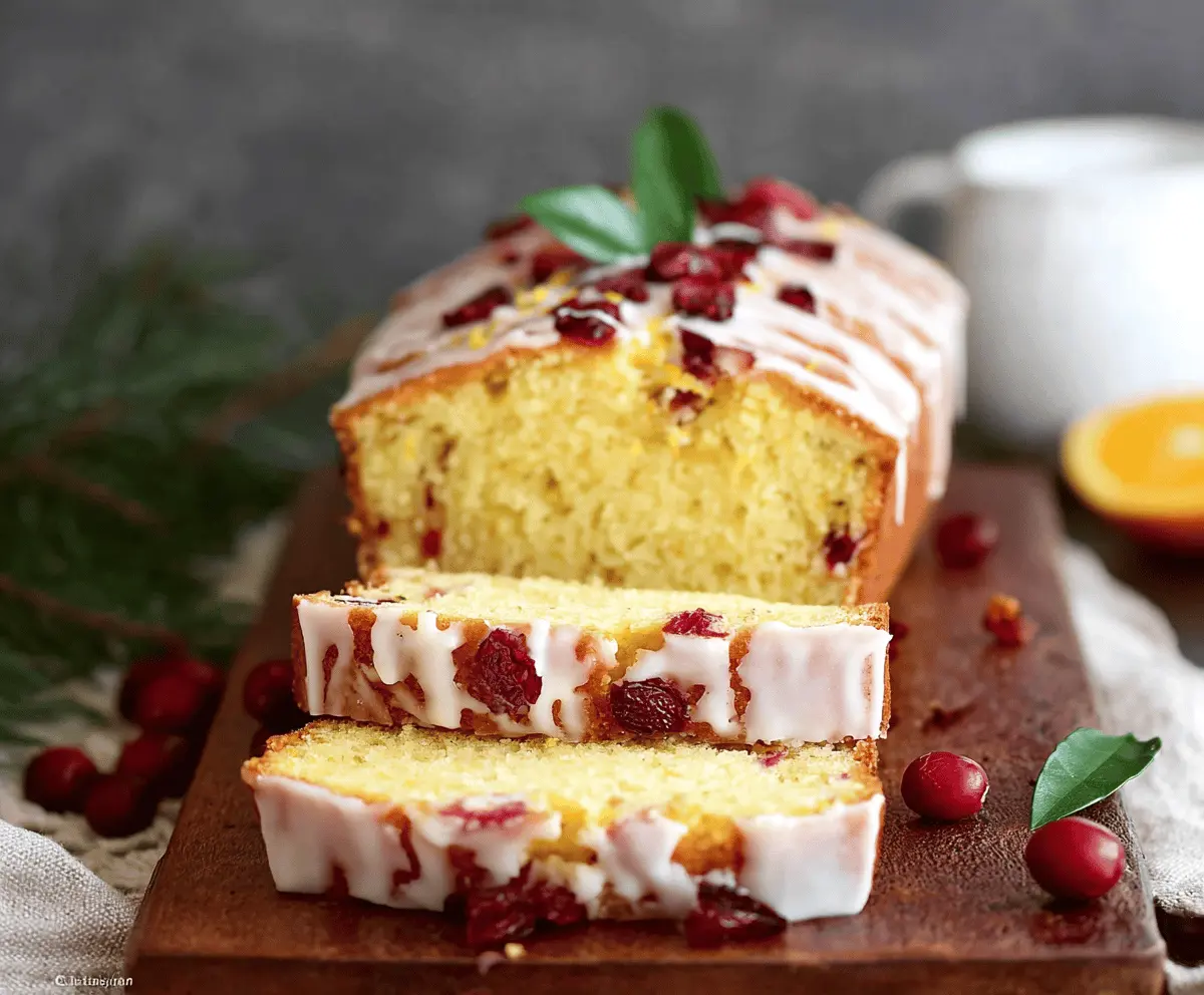 Delicious Cranberry Orange Pound Cake topped with fresh cranberries and orange slices, served on a white plate for a festive dessert.