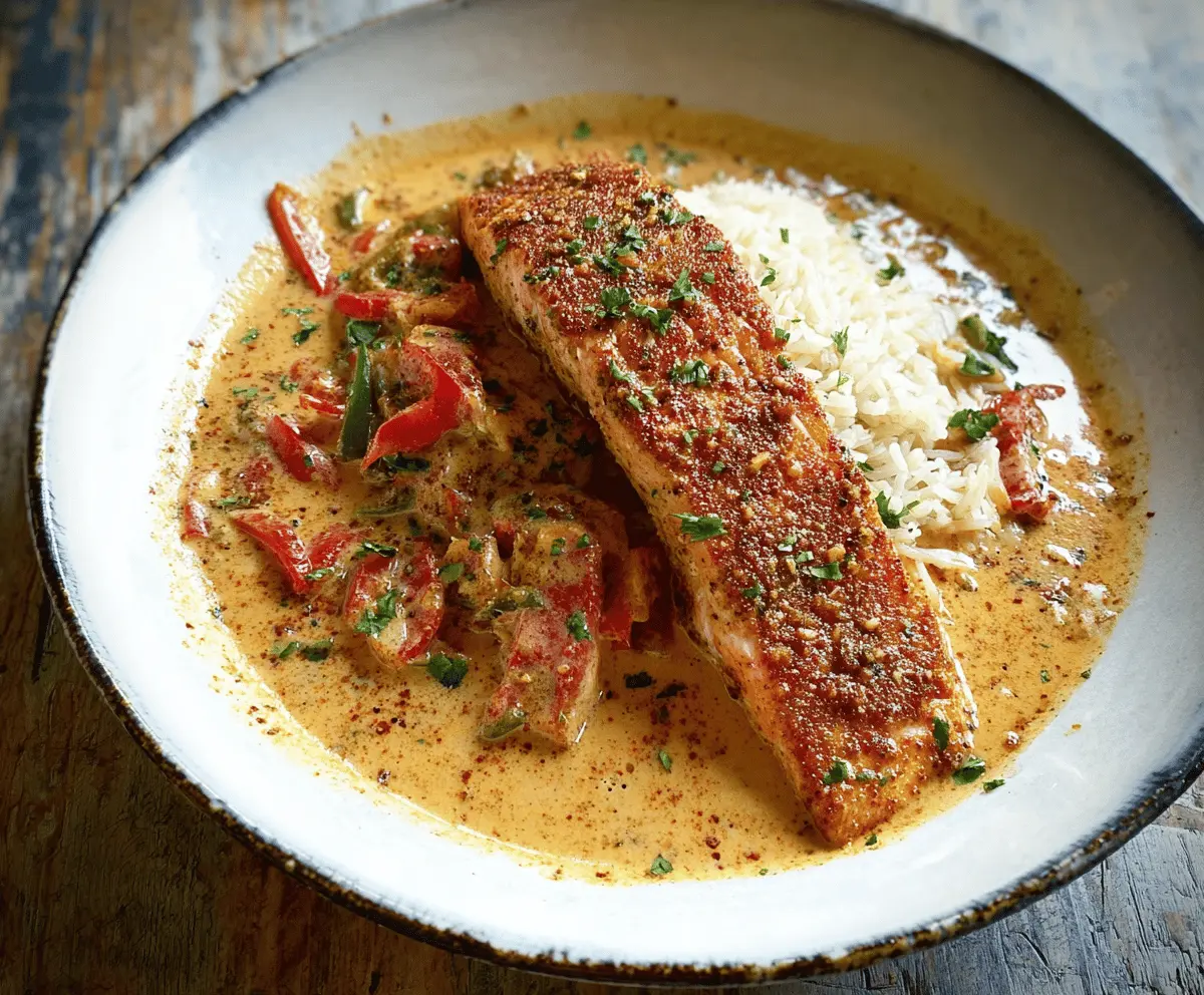 Creamy Cajun Pepper Salmon served with fresh herbs and lemon wedges on a white plate