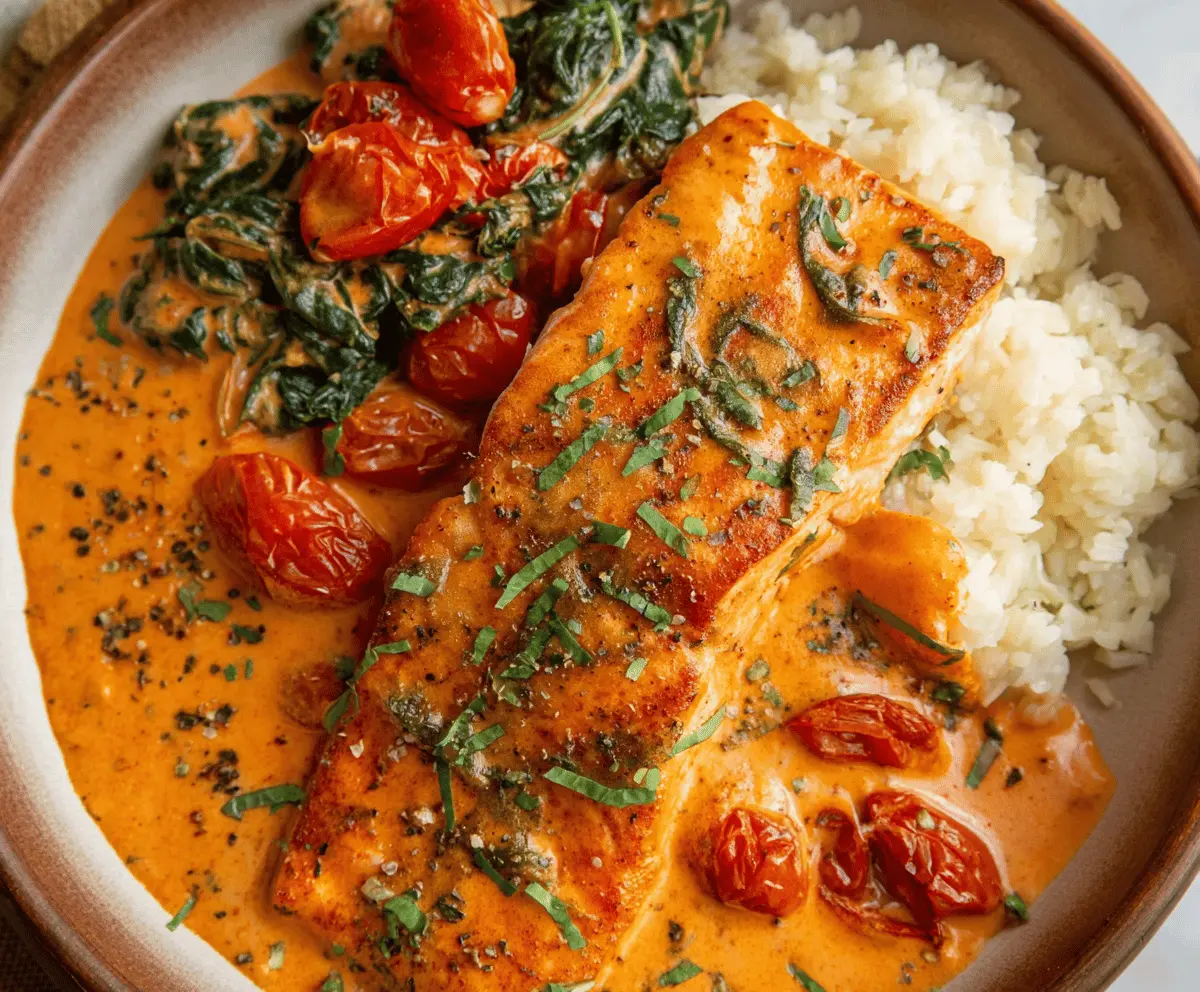 Creamy roasted red pepper salmon fillet garnished with fresh herbs on a white plate, served with lemon wedges for a flavorful seafood dinner