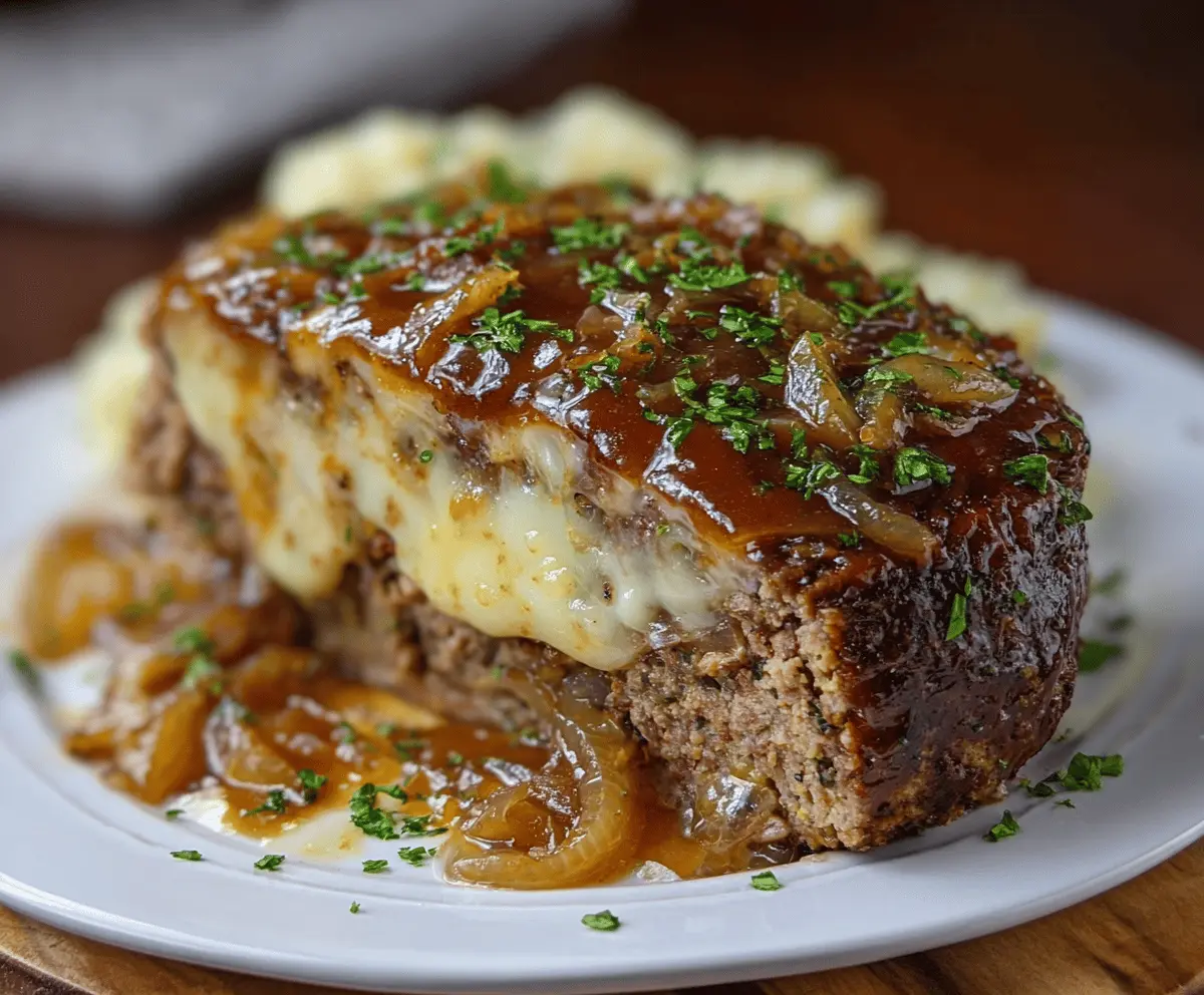 Crockpot French Onion Meatloaf topped with melted Swiss cheese, served with caramelized onions and fresh herbs