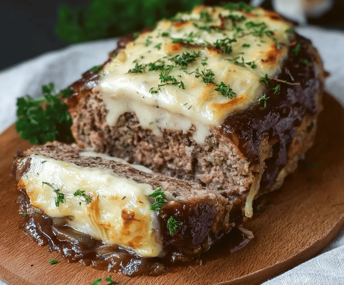 A delicious slice of French Onion Meatloaf topped with melted cheese and caramelized onions, served on a plate with fresh herbs.