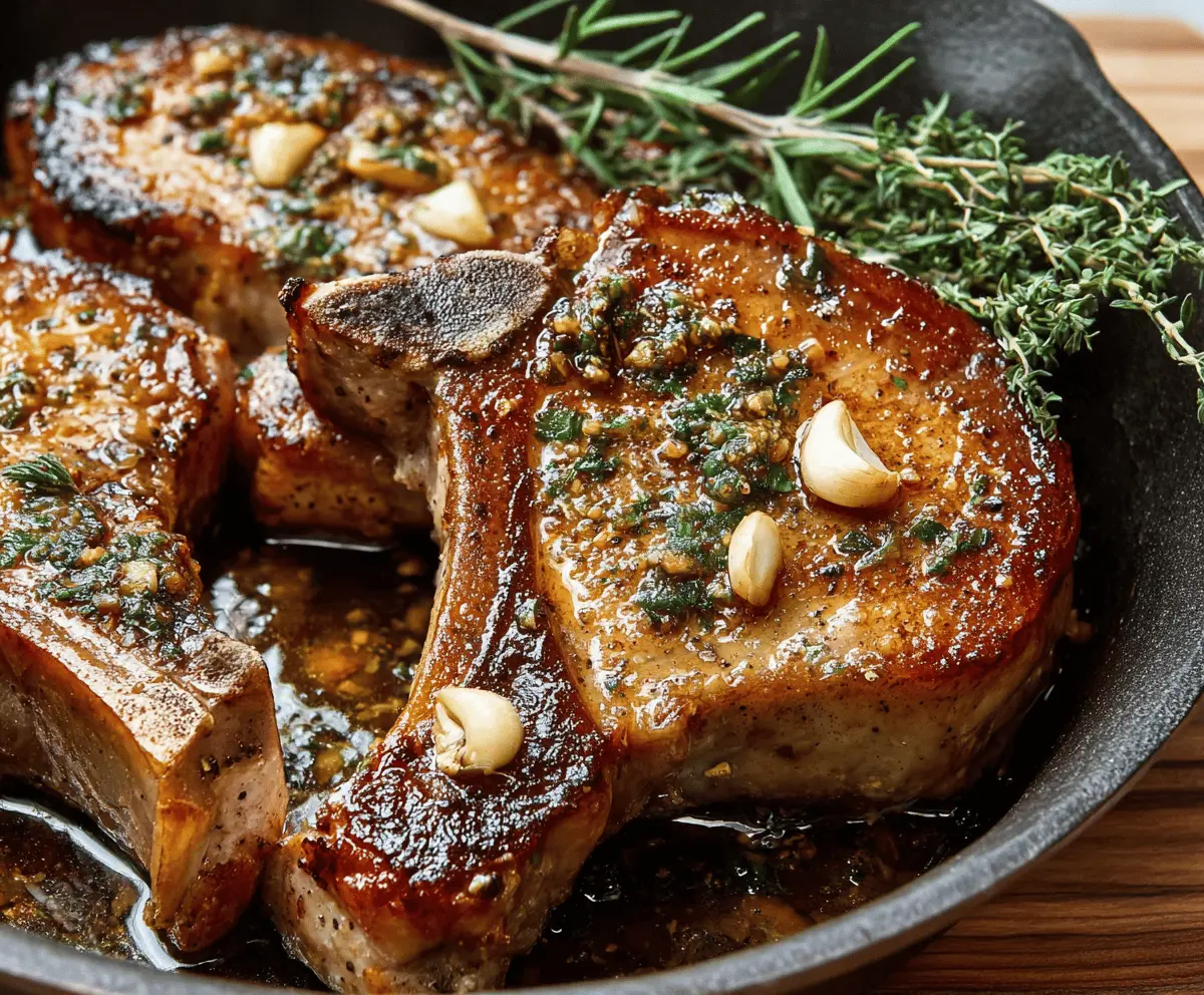 Juicy garlic butter pork chops cooked to perfection with a golden crust, served on a plate garnished with fresh herbs.