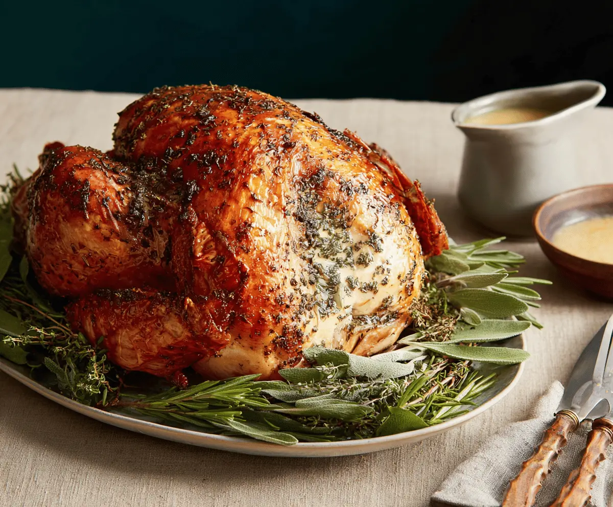 Juicy herb butter roasted turkey garnished with fresh herbs on a serving platter, perfect for holiday feasts