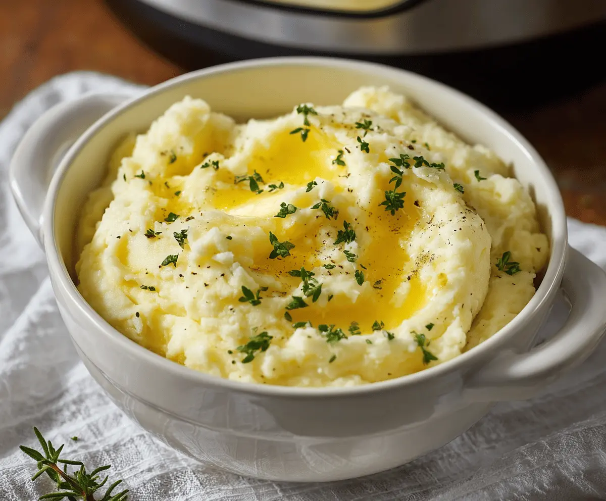 Creamy and smooth Instant Pot mashed potatoes with butter and herbs for a comforting side dish.