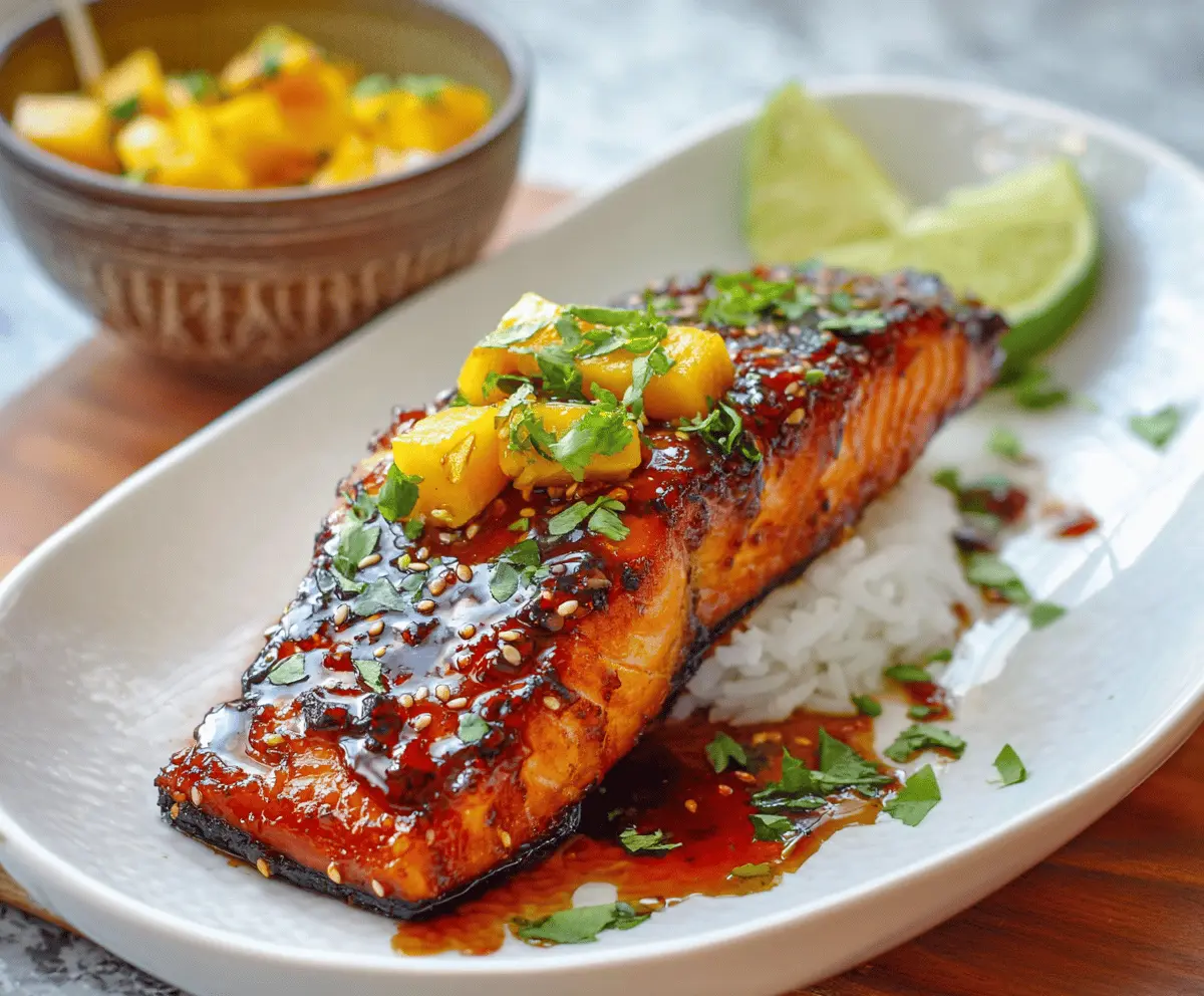Delicious Mango Teriyaki Salmon served with fresh mango slices and garnished with green herbs on a white plate