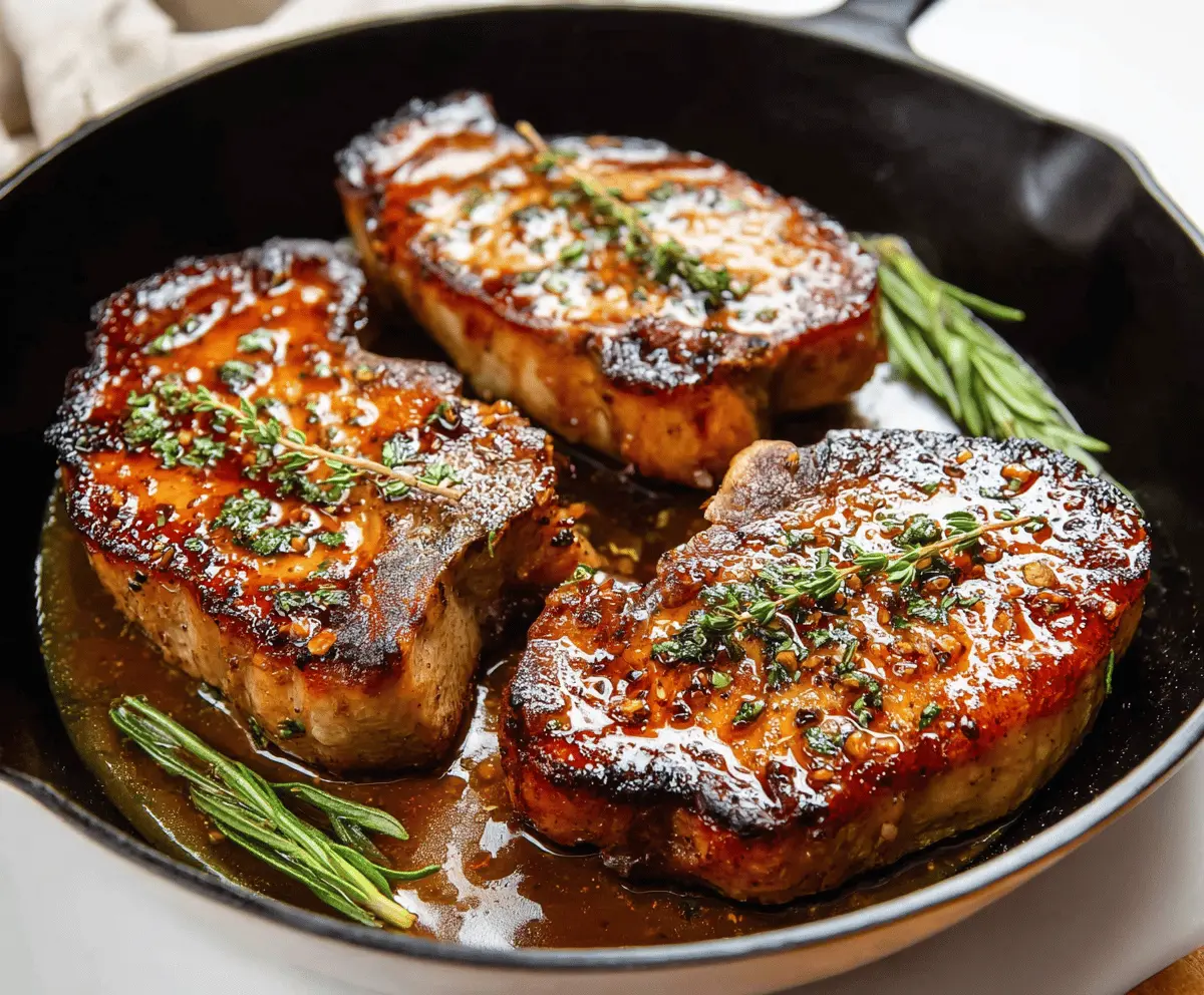 Juicy pork chops glazed with sweet maple syrup and garnished with fresh herbs on a rustic wooden table