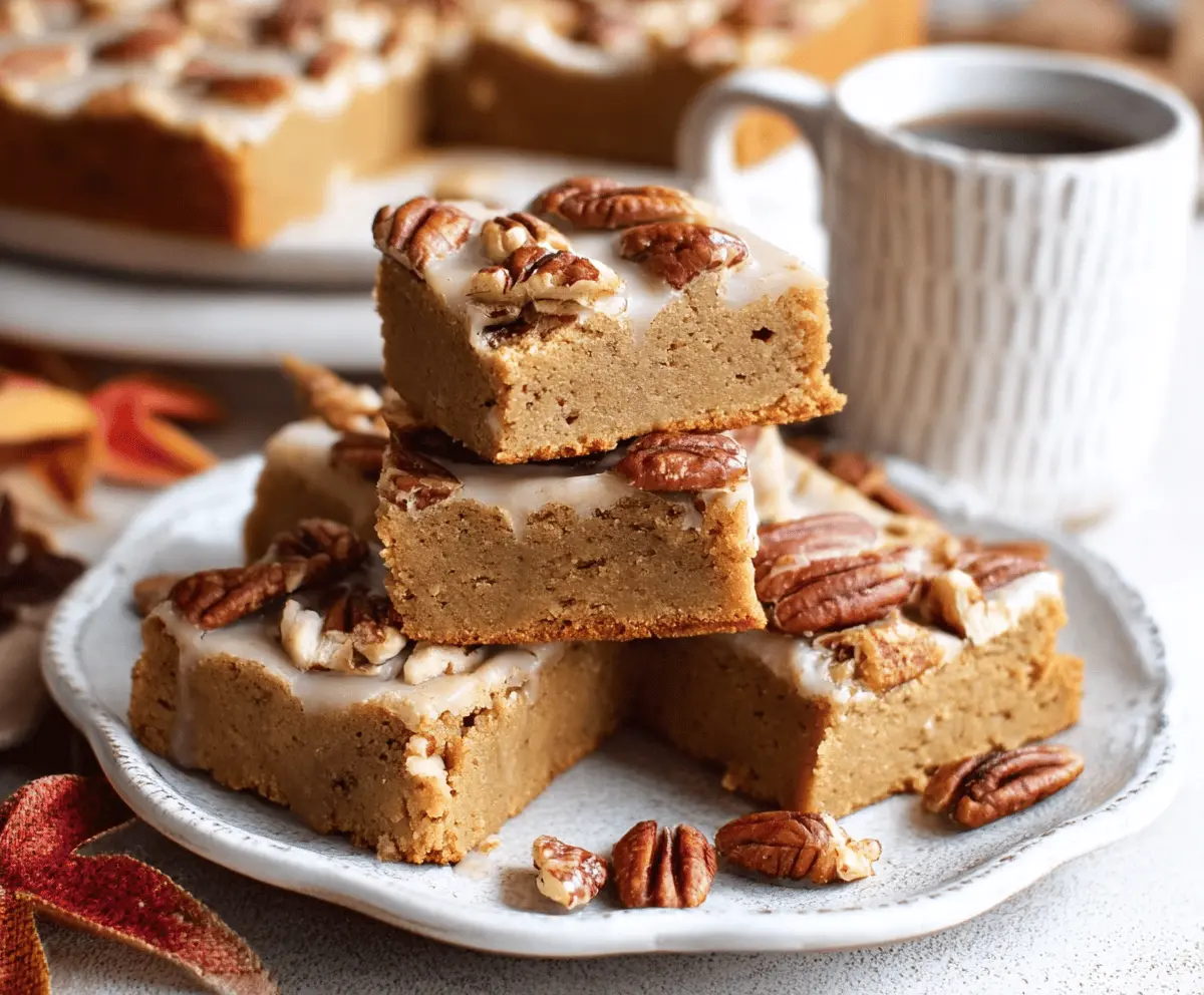 Delicious Maple Pecan Blondies topped with toasted pecans and a golden caramel glaze, perfect for sweet indulgence