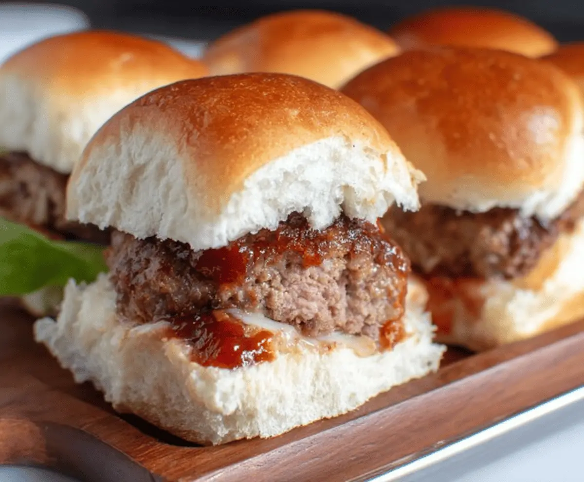Delicious homemade meatloaf sliders with melted cheese and fresh toppings on slider buns, perfect for appetizers or dinner