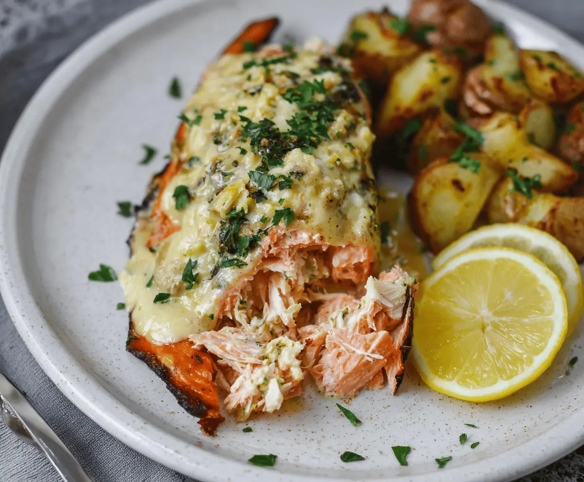 Creamy crab-stuffed salmon fillet topped with fresh herbs, showcasing a melt-in-your-mouth seafood recipe perfect for dinner.