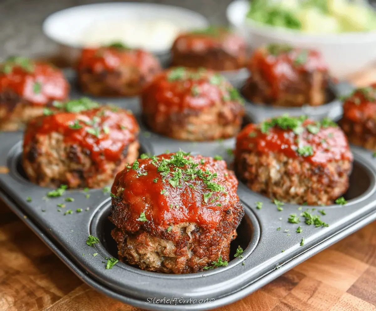 Delicious muffin tin meatloaf served in individual portions, topped with ketchup and herbs, ready to enjoy