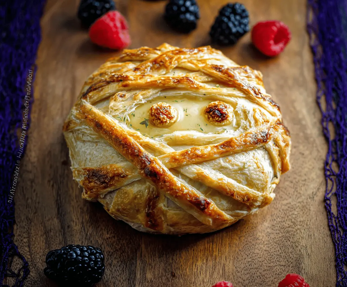 Delicious Mummy Baked Brie topped with spooky mummy dough and garnished with herbs, perfect for Halloween appetizers