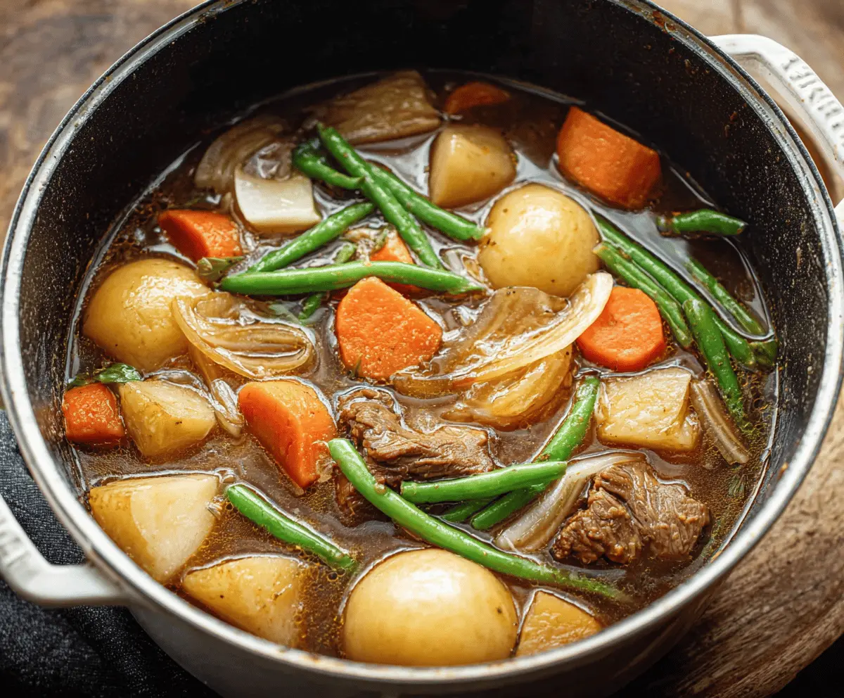 Delicious One Pot Japanese Nikujaga featuring tender beef, potatoes, carrots, and onions simmered in savory soy-based broth