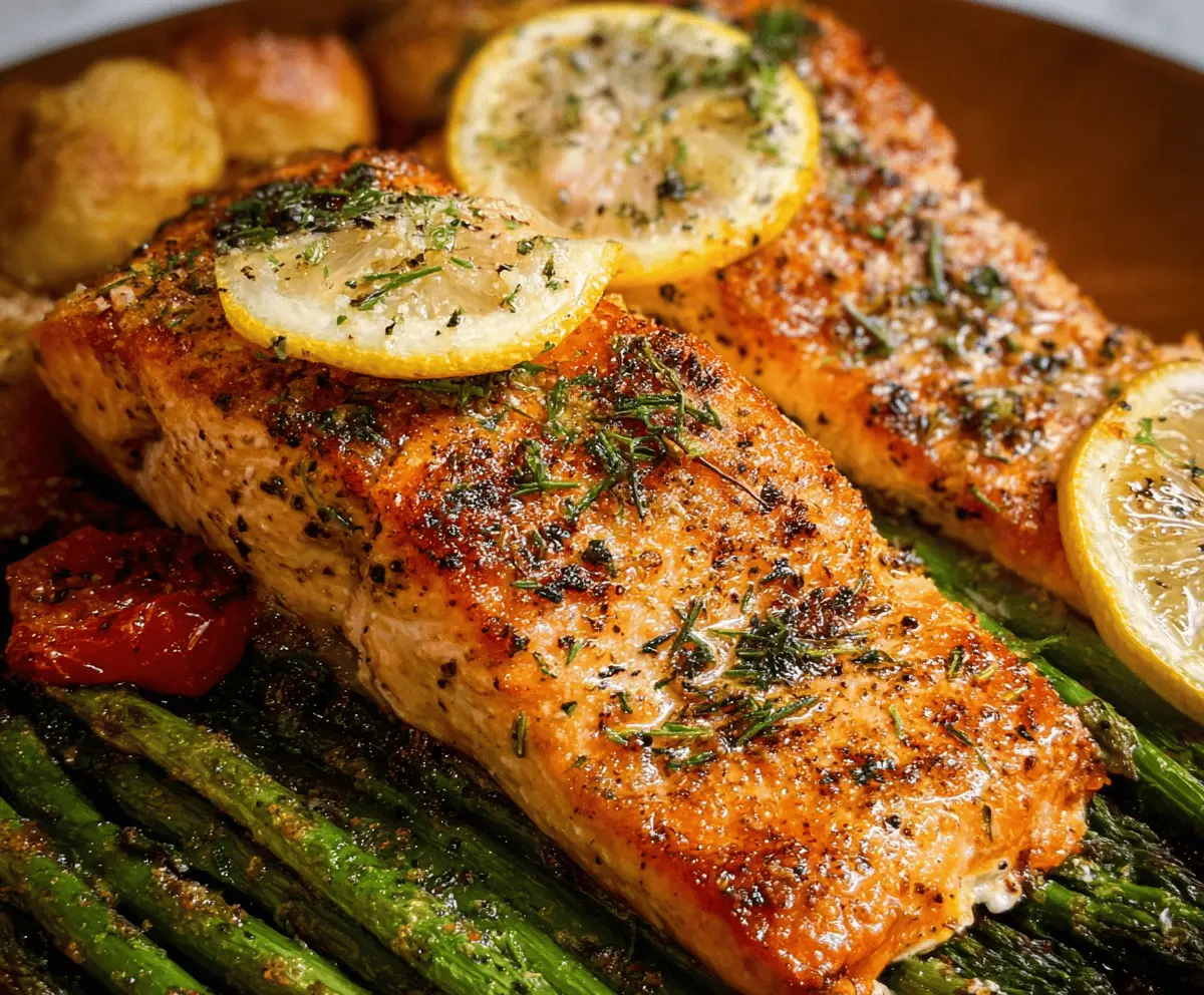 Delicious oven-roasted salmon fillet garnished with fresh herbs on a white plate, ready to serve