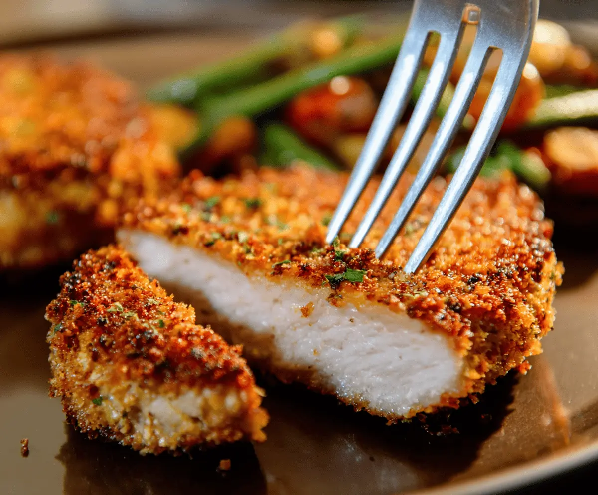 Golden panko crusted pork chops served with fresh herbs on a plate, perfect for a crispy and flavorful dinner recipe.