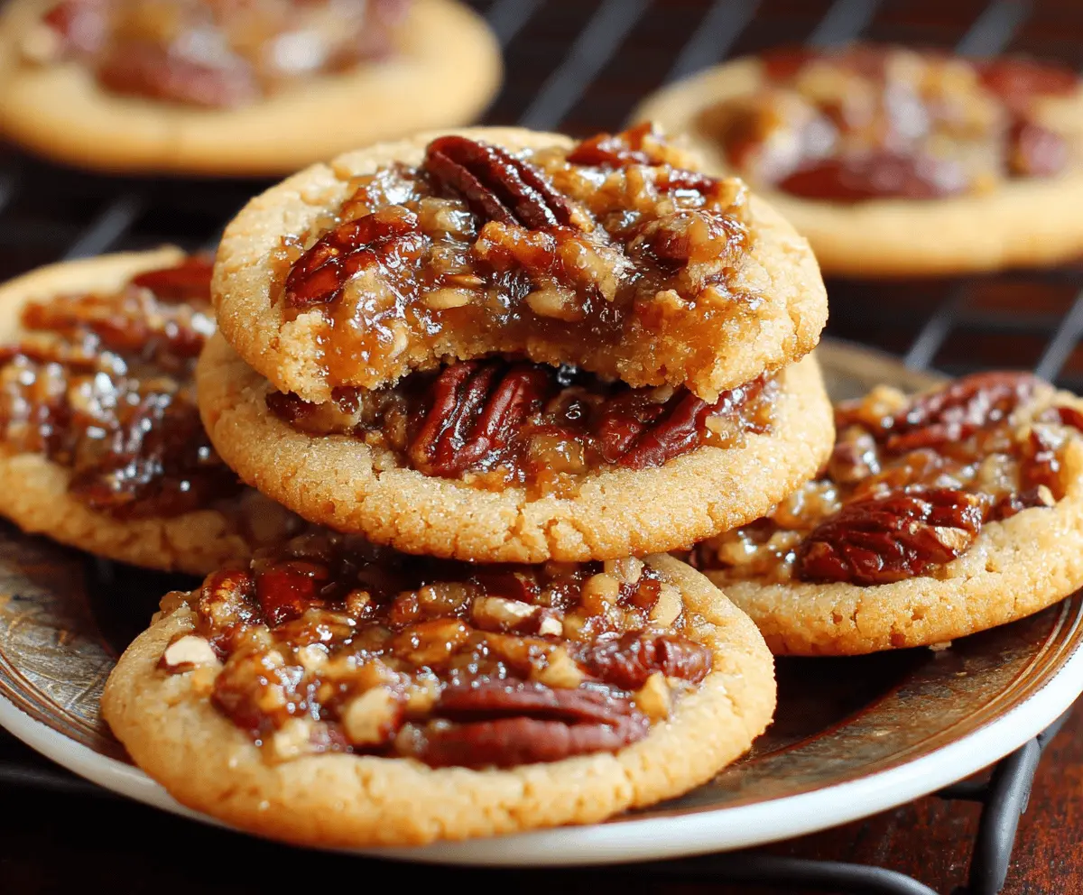 Delicious pecan pie cookies with a golden-brown crust and caramelized pecan toppings on a baking sheet.