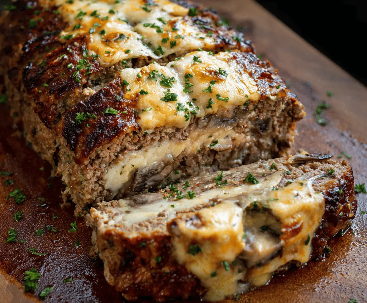 Delicious Philly Cheesesteak Meatloaf served on a plate with melted cheese and fresh herbs.